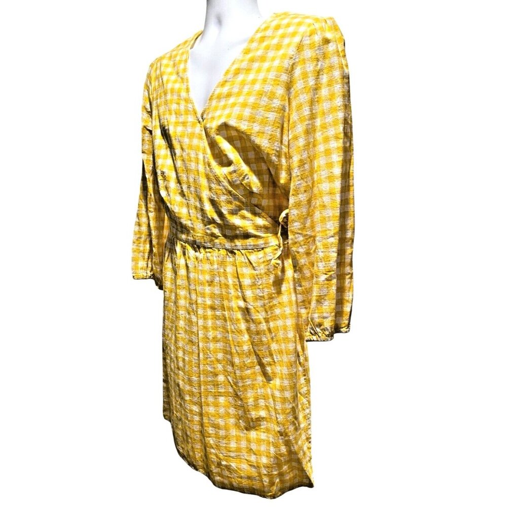 Old Navy Wrap Dress Womens XL Knee Long Sleeve Yellow Gingham Check Cotton